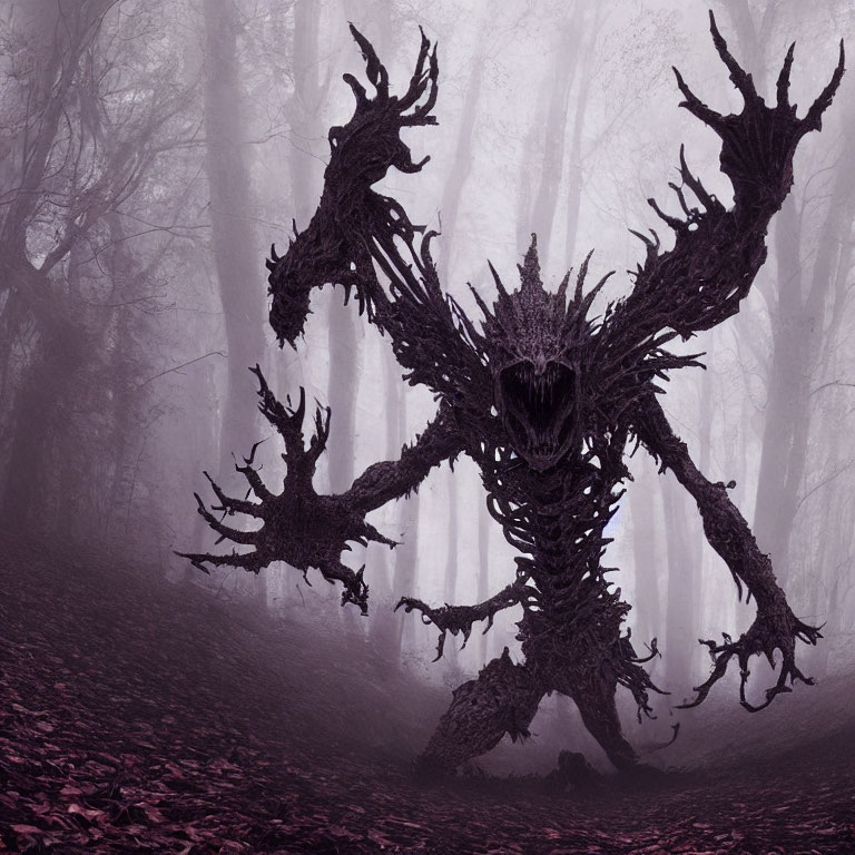 Monstrous tree creature in foggy forest with fallen leaves