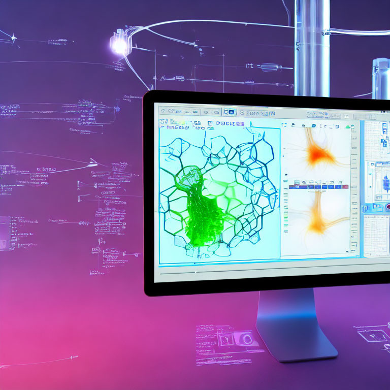 Complex 3D Molecular Structure and Data Analysis Graphs on Computer Monitor