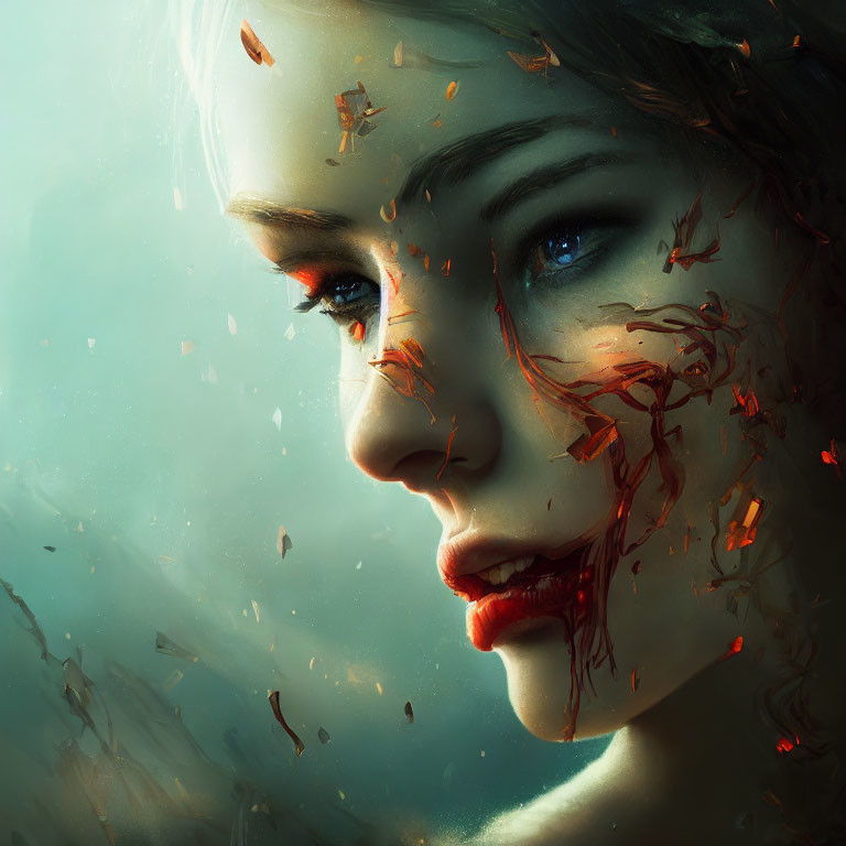 Digital artwork featuring woman with blue eyes and disintegrating face.