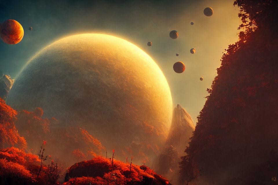 Surreal landscape with giant planet, autumn foliage, and rocky peaks