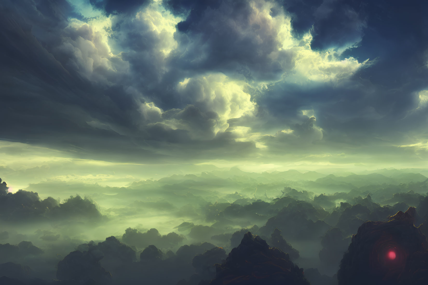 Layered Mountains Under Dramatic Sky: Mystical Landscape with Soft Glowing Light