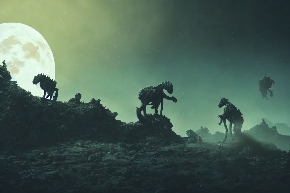 Mysterious creatures with glowing eyes in moonlit landscape