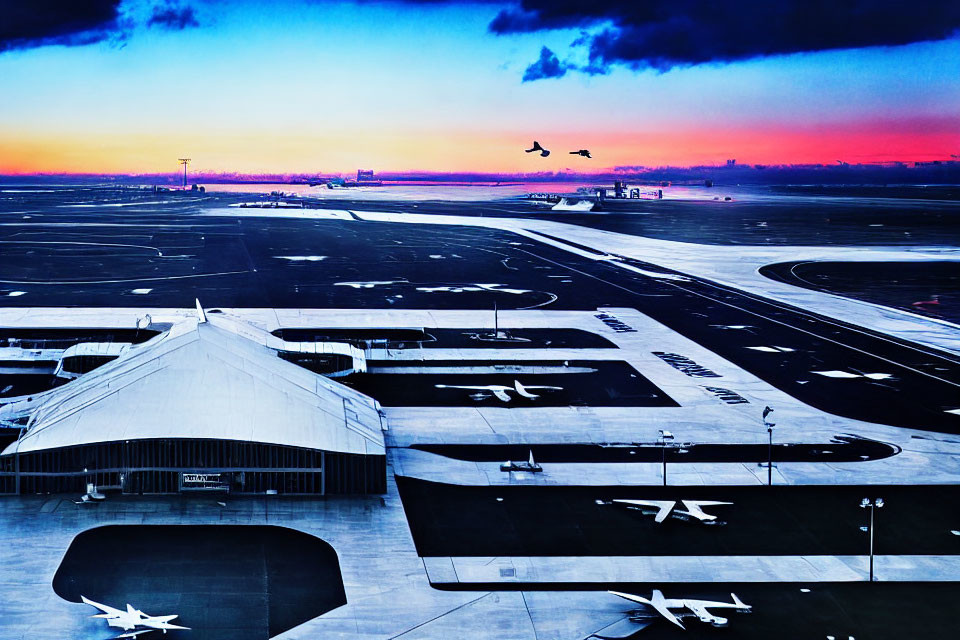 Twilight airport scene with colorful sky, parked aircraft, and flying birds