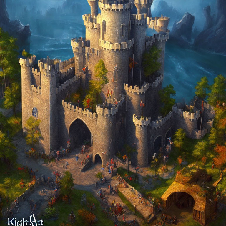 Medieval castle with towers and battlements in lush landscape