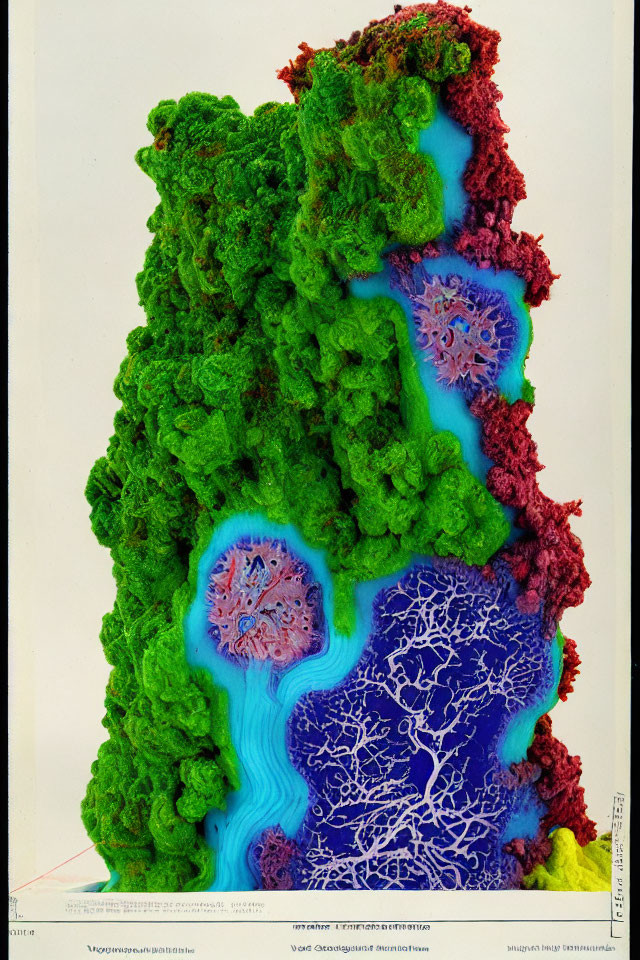 Colorful Mineral Cross-Section with Textured Green, Blue, and Red Areas