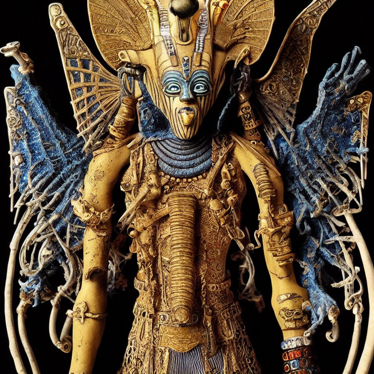 Detailed sculpture of fantastical figure with multiple arms, ornate headdress, and intricate armor on dark