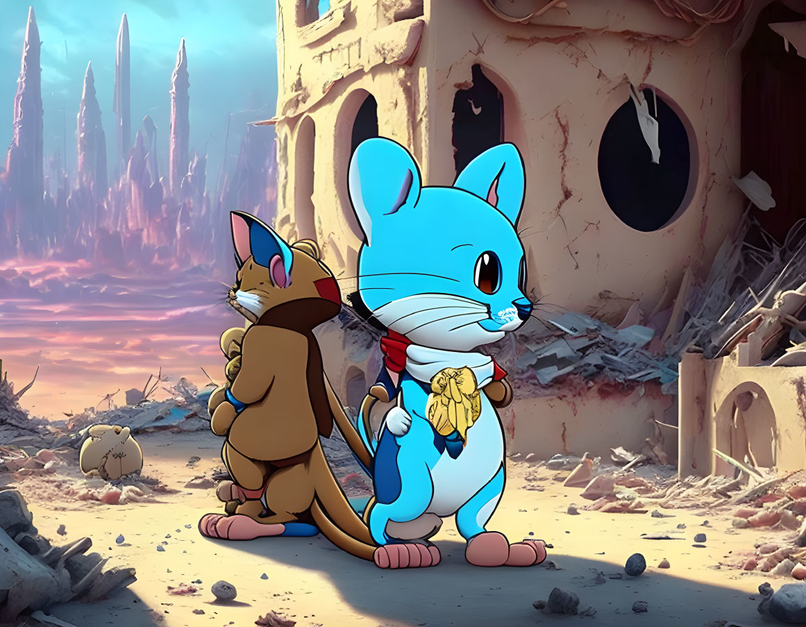 Anthropomorphic Cat Characters in Post-Apocalyptic Desert Scene