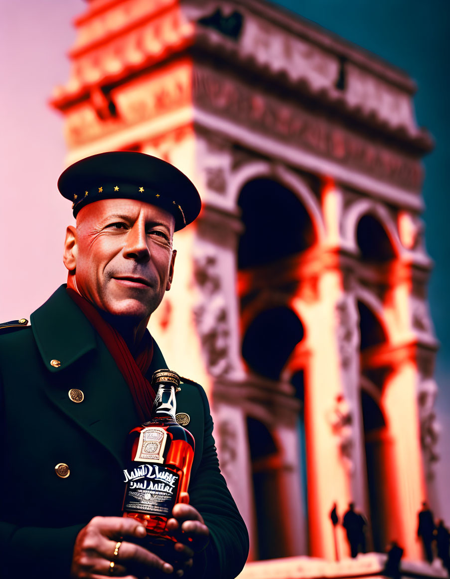 Military man with whiskey bottle in front of Arc de Triomphe at sunset