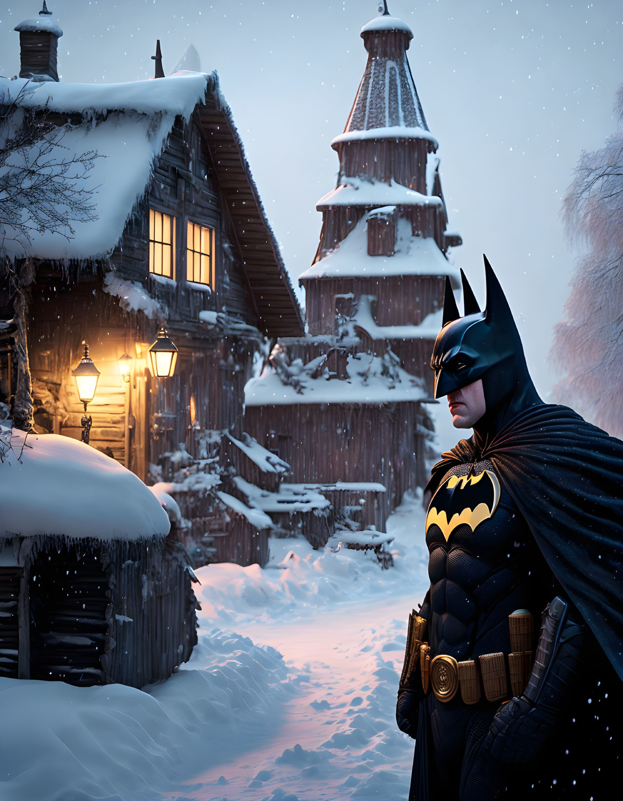 Snowy village scene with Batman next to glowing lanterns and tower in gentle snowfall