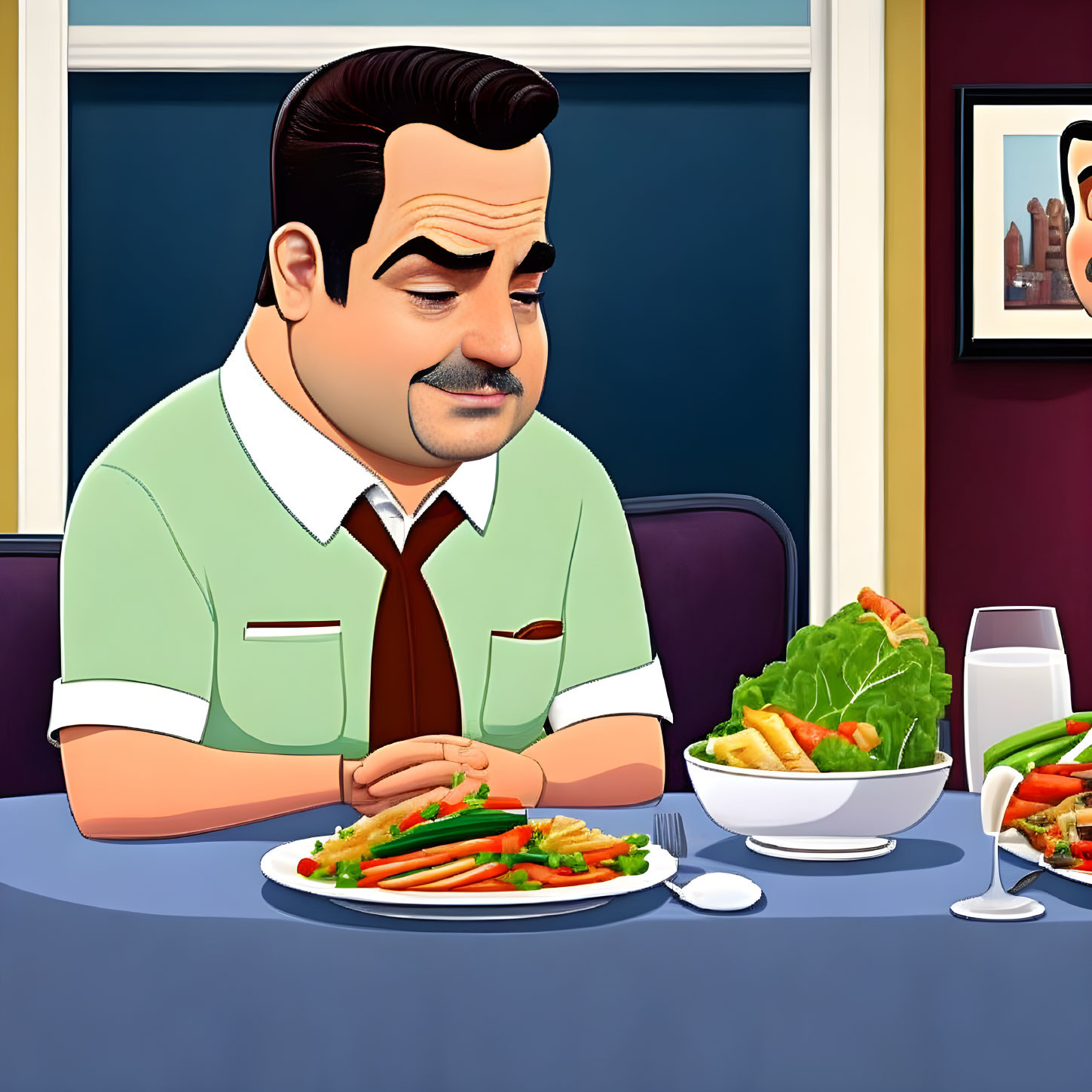 Cartoon man with mustache dining at table with food plates in stylized setting