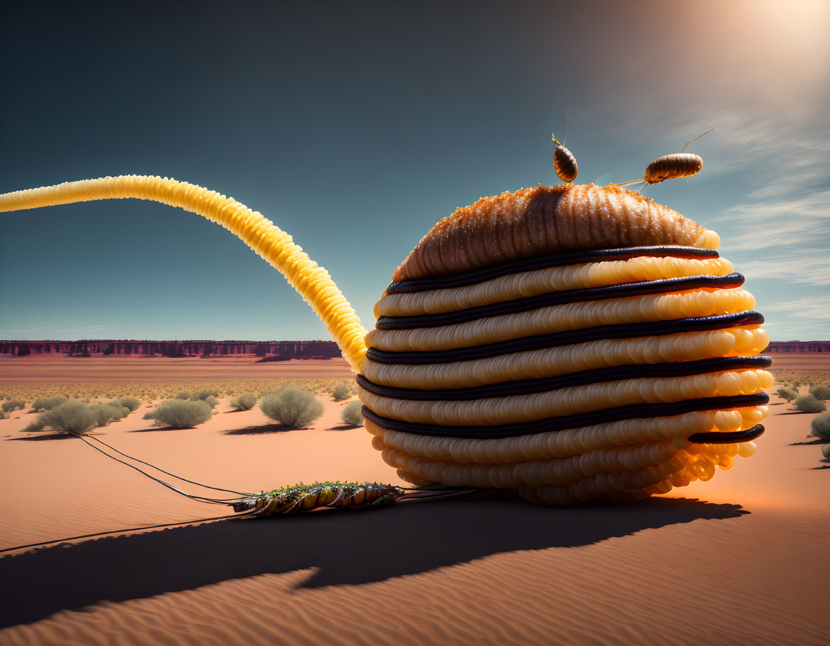 Giant Burger with Insect Features in Desert Landscape