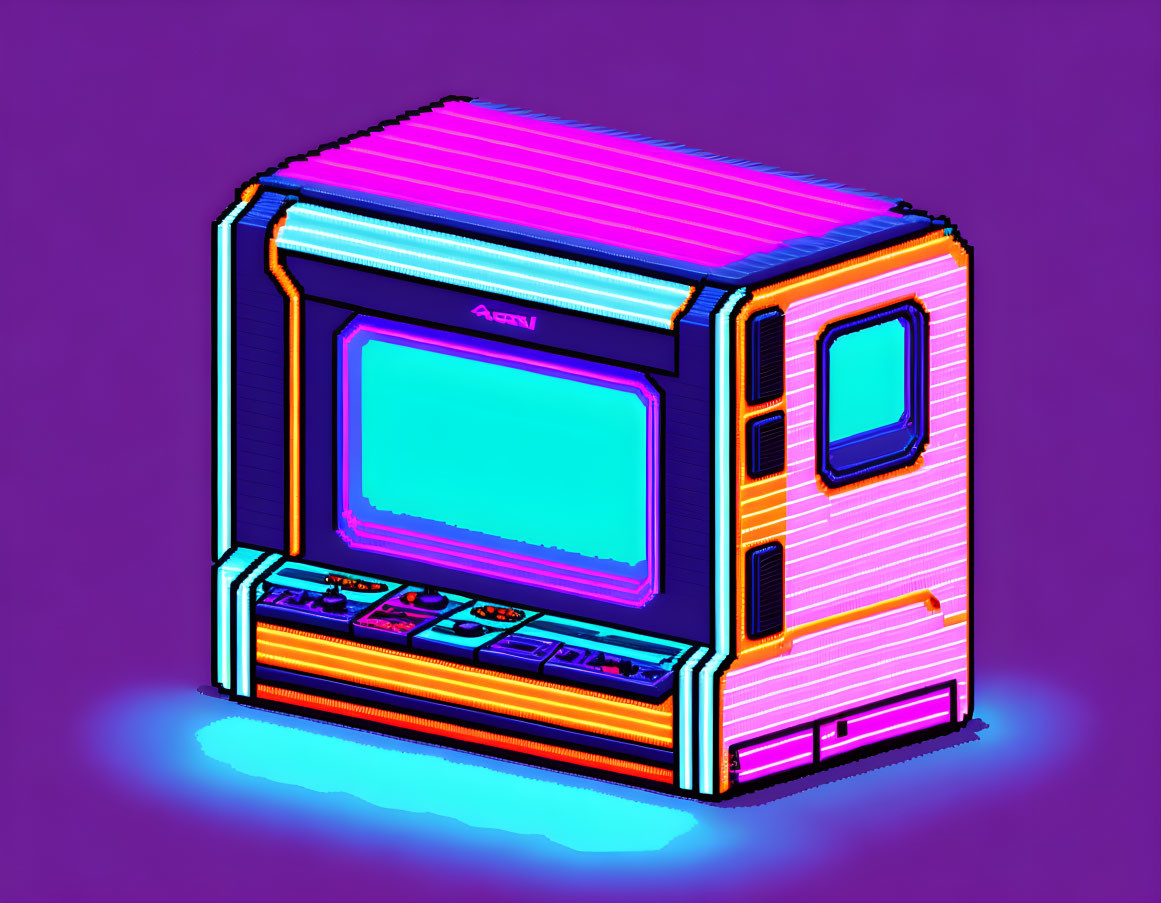 Neon-colored retro arcade machine illustration on purple background