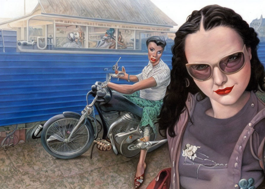 Stylized painting of two women in retro fashion near a diner