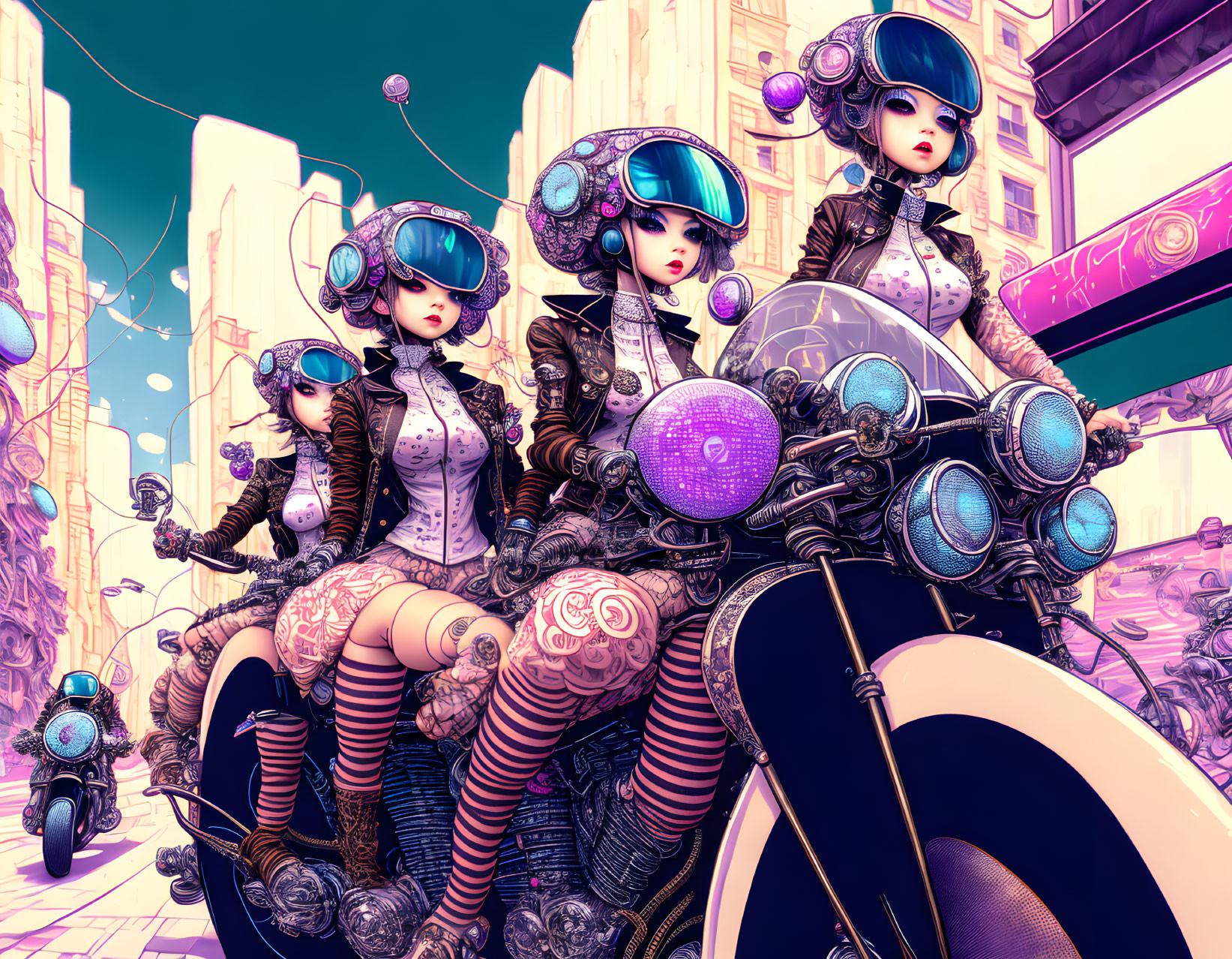 Futuristic women in colorful helmets ride motorcycle in vibrant sci-fi cityscape