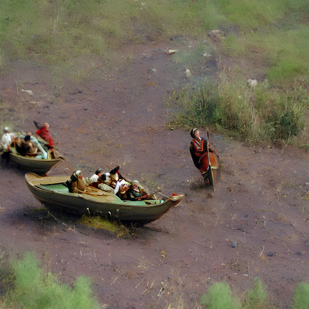 Historical group in rowboats led by person in orange cloak.