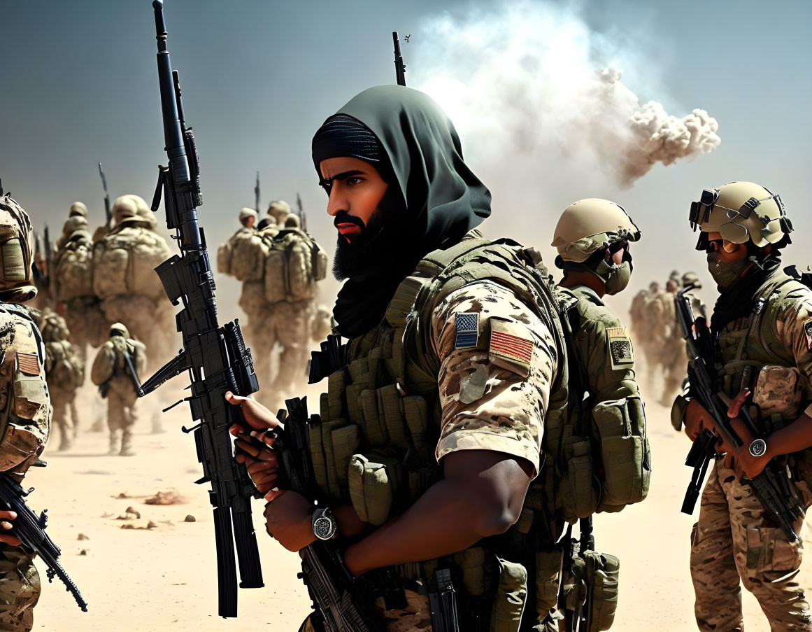 Bearded soldier with rifle in desert backdrop