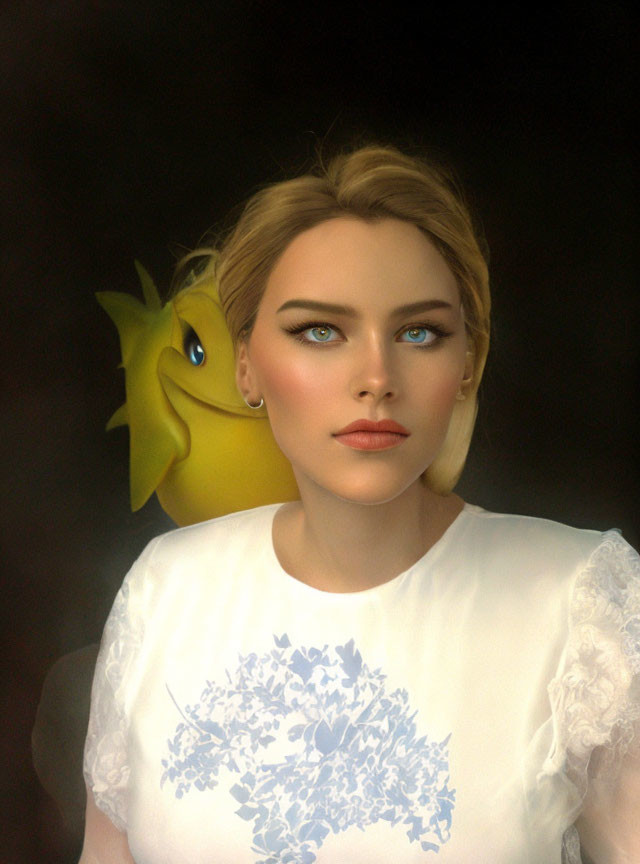 Blonde woman with blue eyes in white tee with floral design and yellow fish peeking.