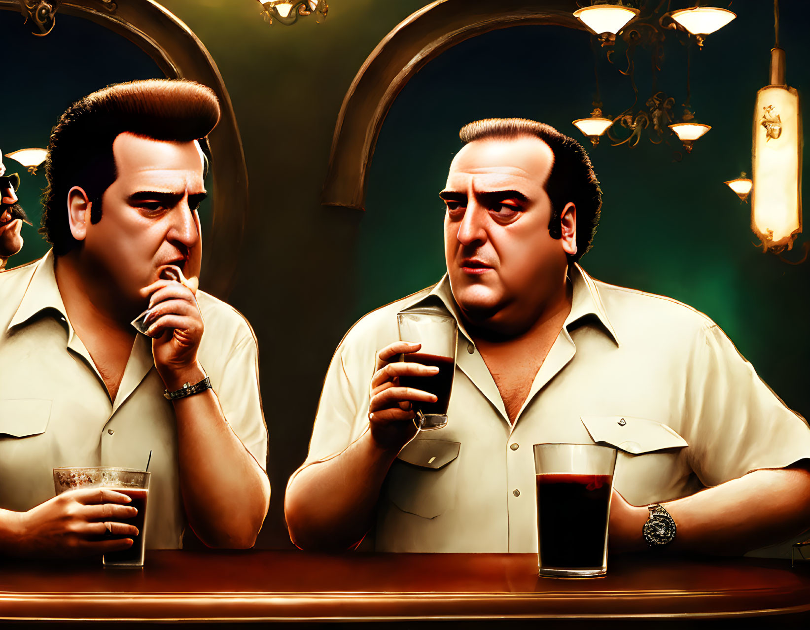 Two animated men at a bar with vintage lights, one smoking and the other holding a glass.