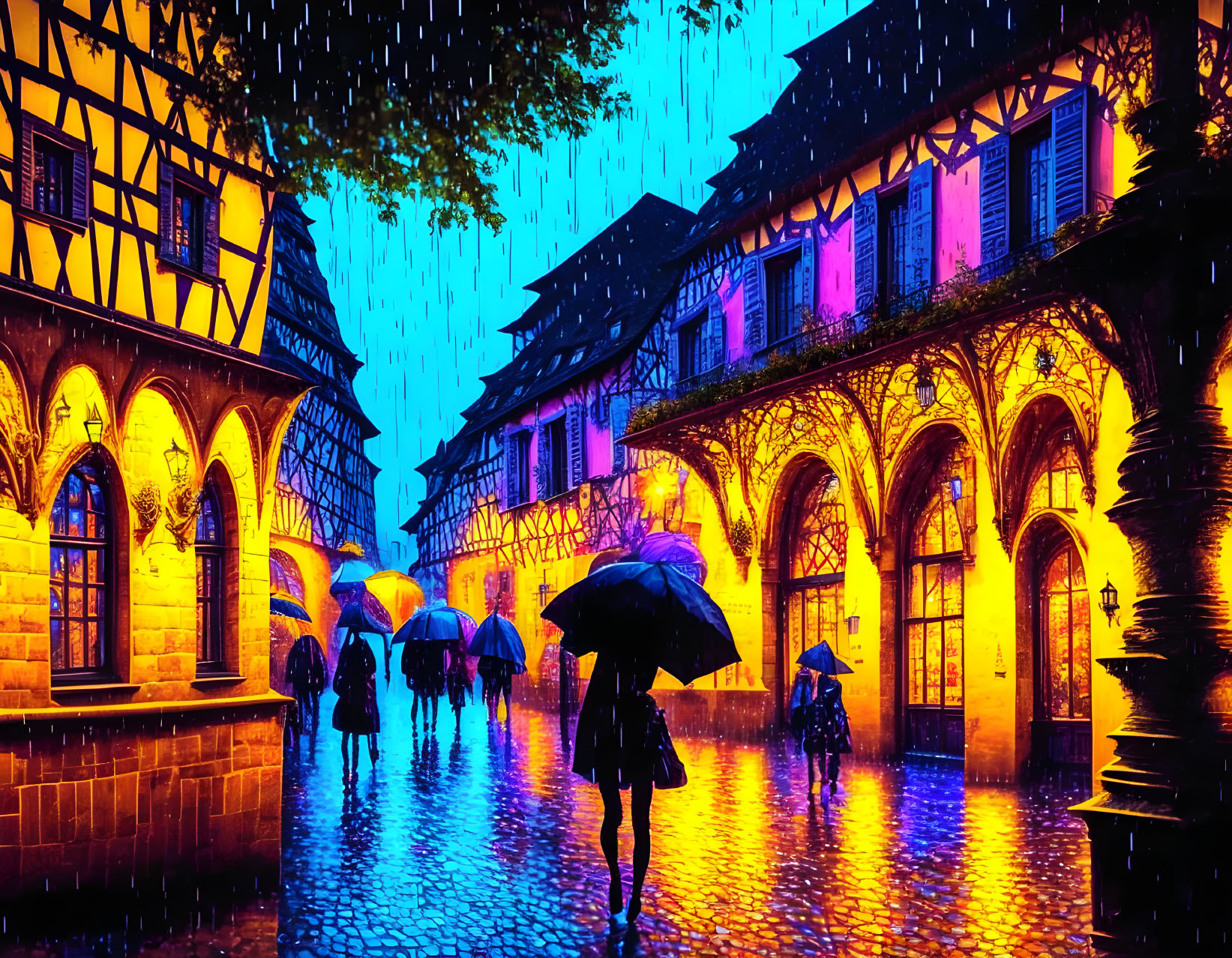 Rainy Evening Scene: People with Umbrellas on Cobblestone Street