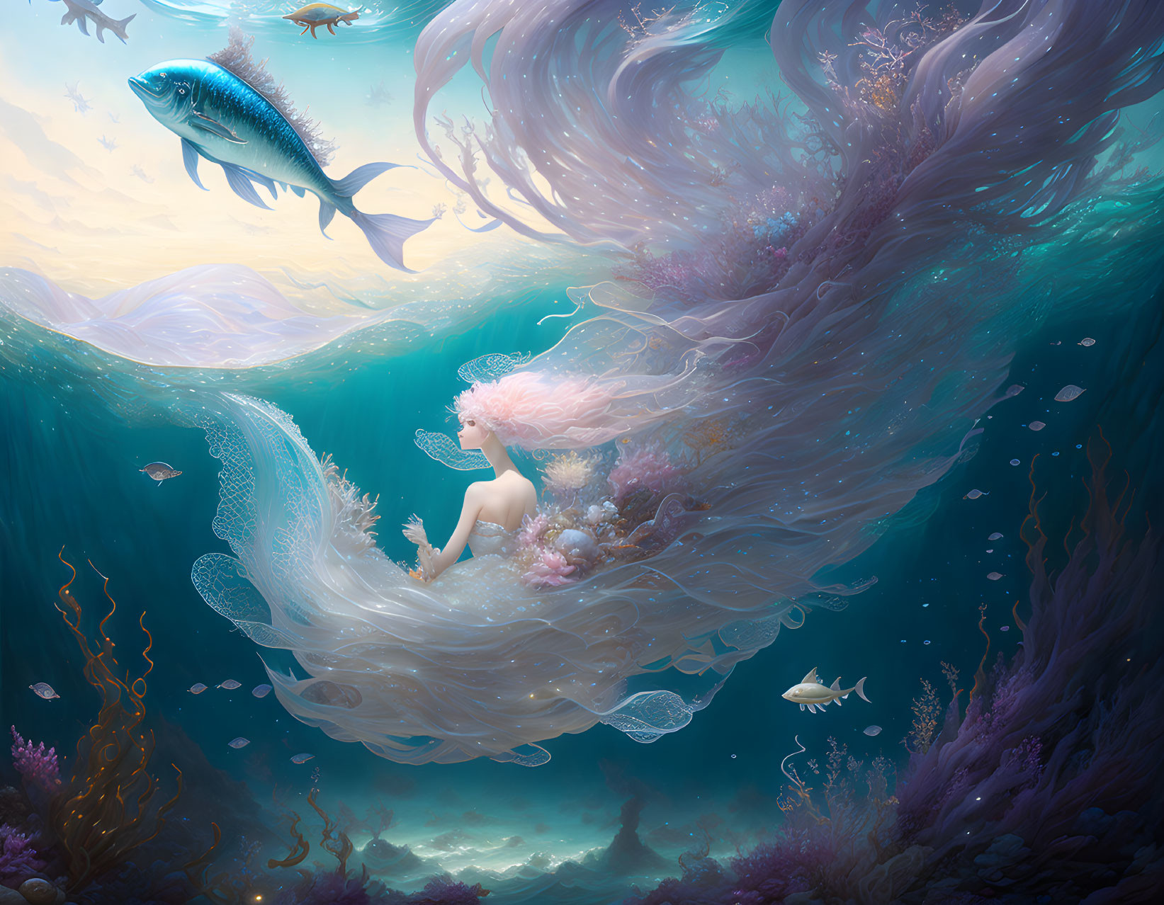 Serene mermaid in whimsical underwater scene