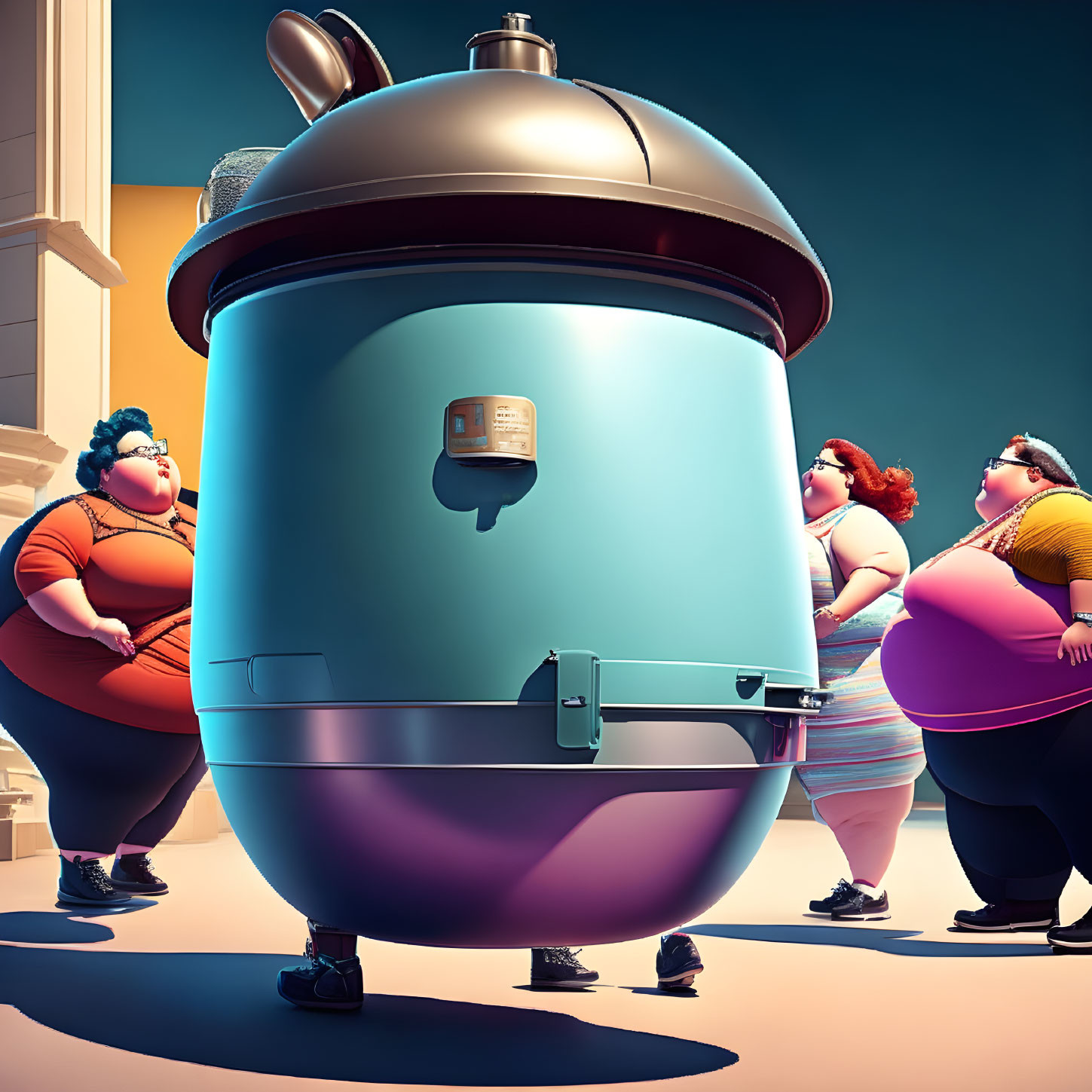 Three animated characters by a futuristic cooking pot under a sunny sky