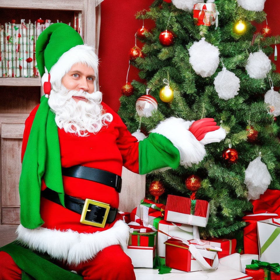 Santa Claus decorating Christmas tree with presents