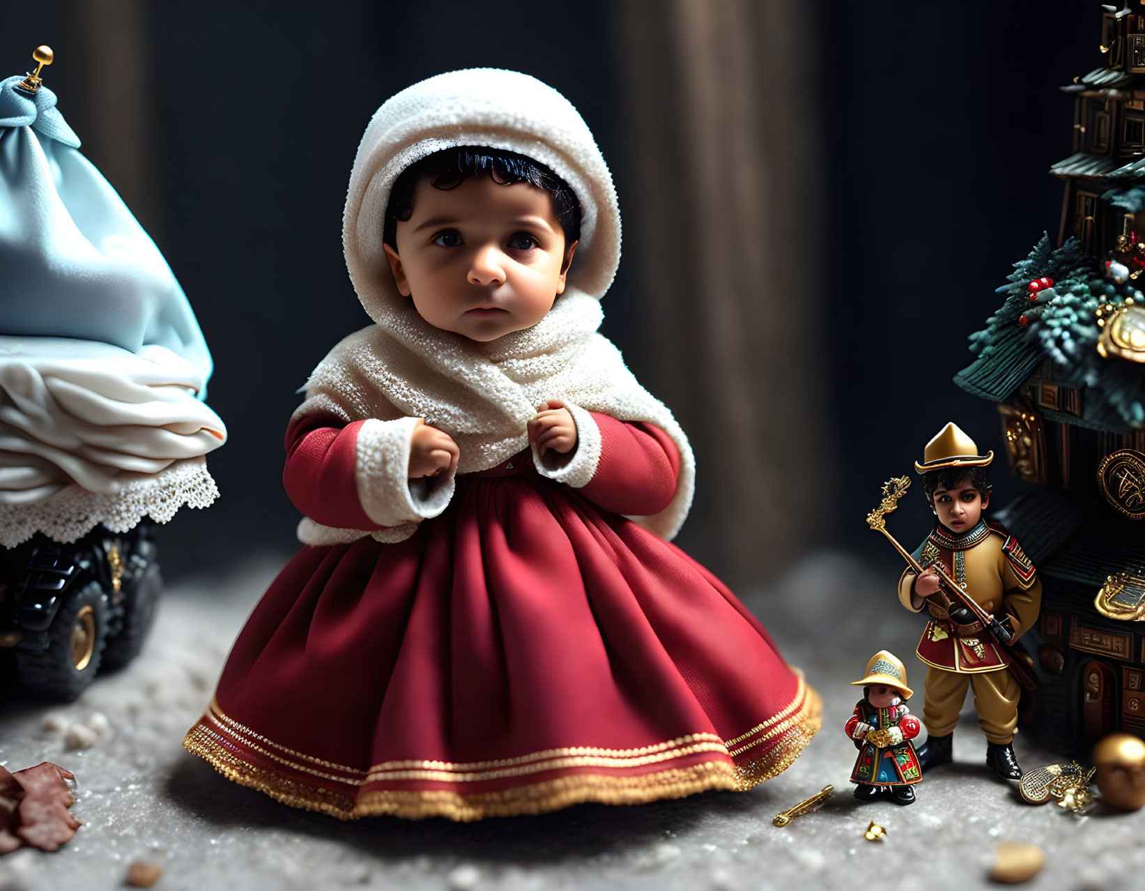 Child in vintage red & white winter outfit with holiday-themed decor.