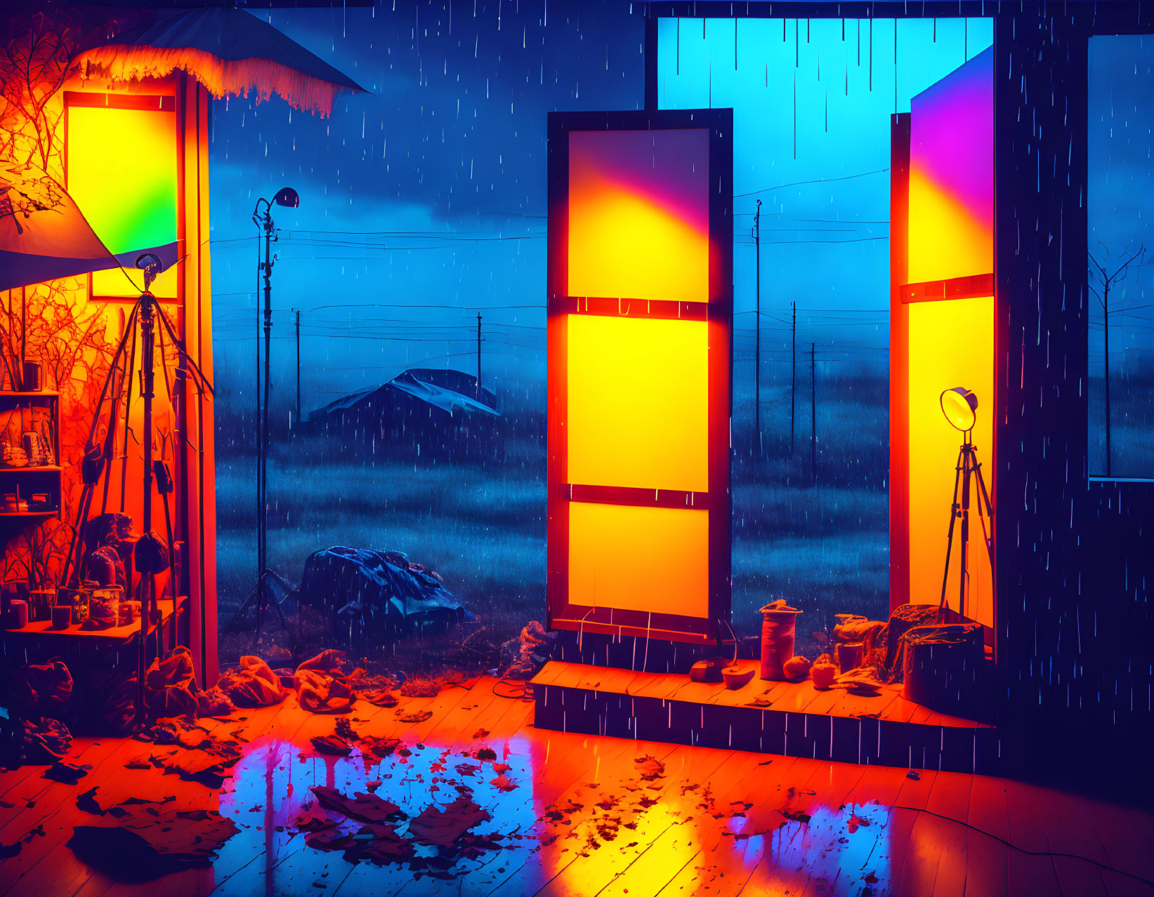 Colorful Neon-Lit Room with Open Doors to Rainy Night Landscape