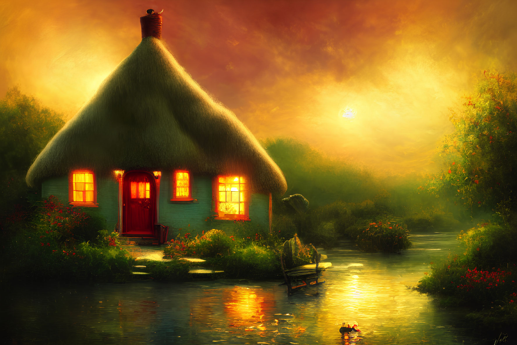 Quaint Thatched Cottage Sunset Scene with River and Rowboat