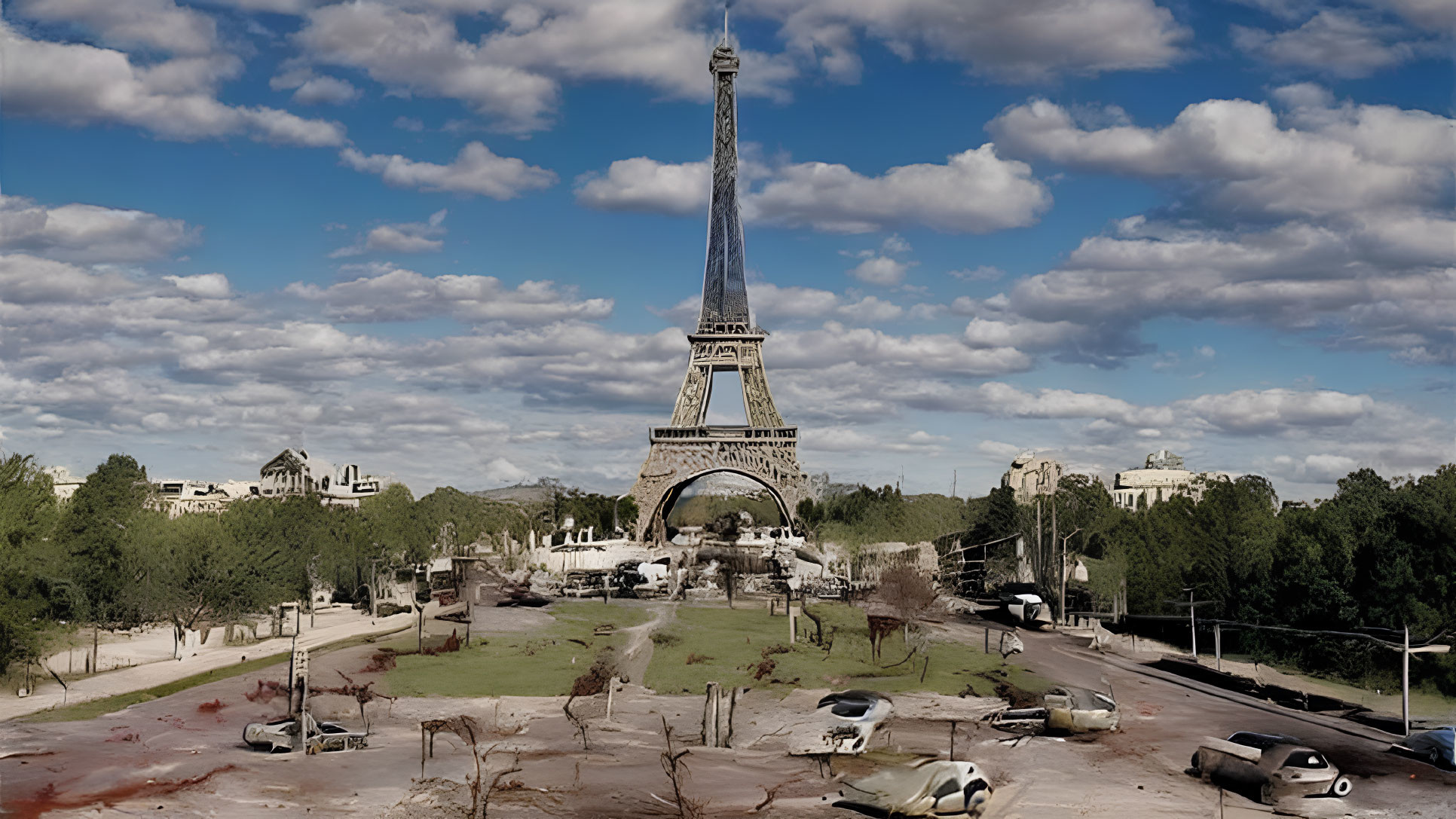 Desolate dystopian Eiffel Tower scene with abandoned cars and cloudy sky