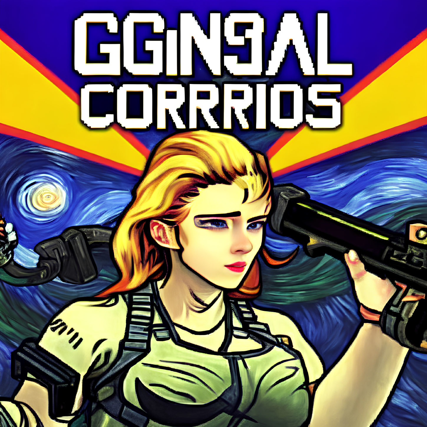 Blonde female character with gun in abstract blue and yellow backdrop.