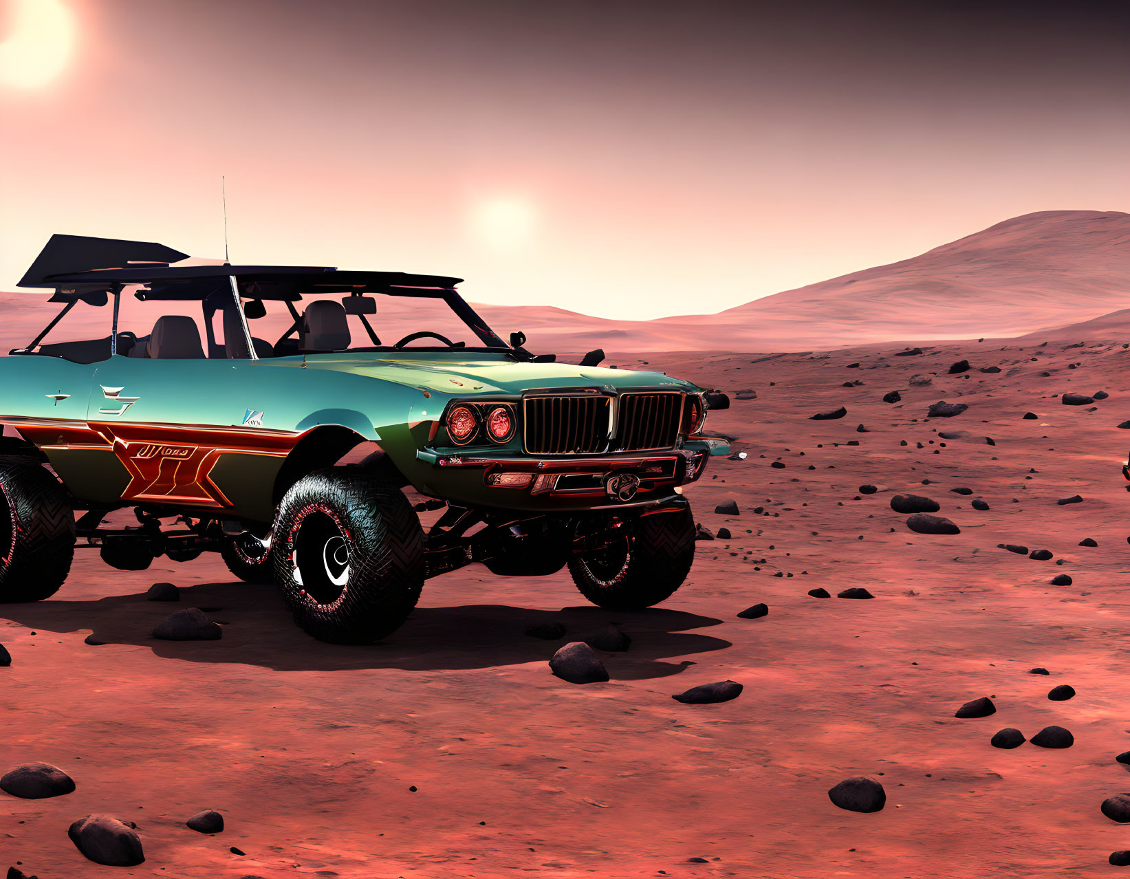 Vintage car with large wheels on Mars-like landscape.