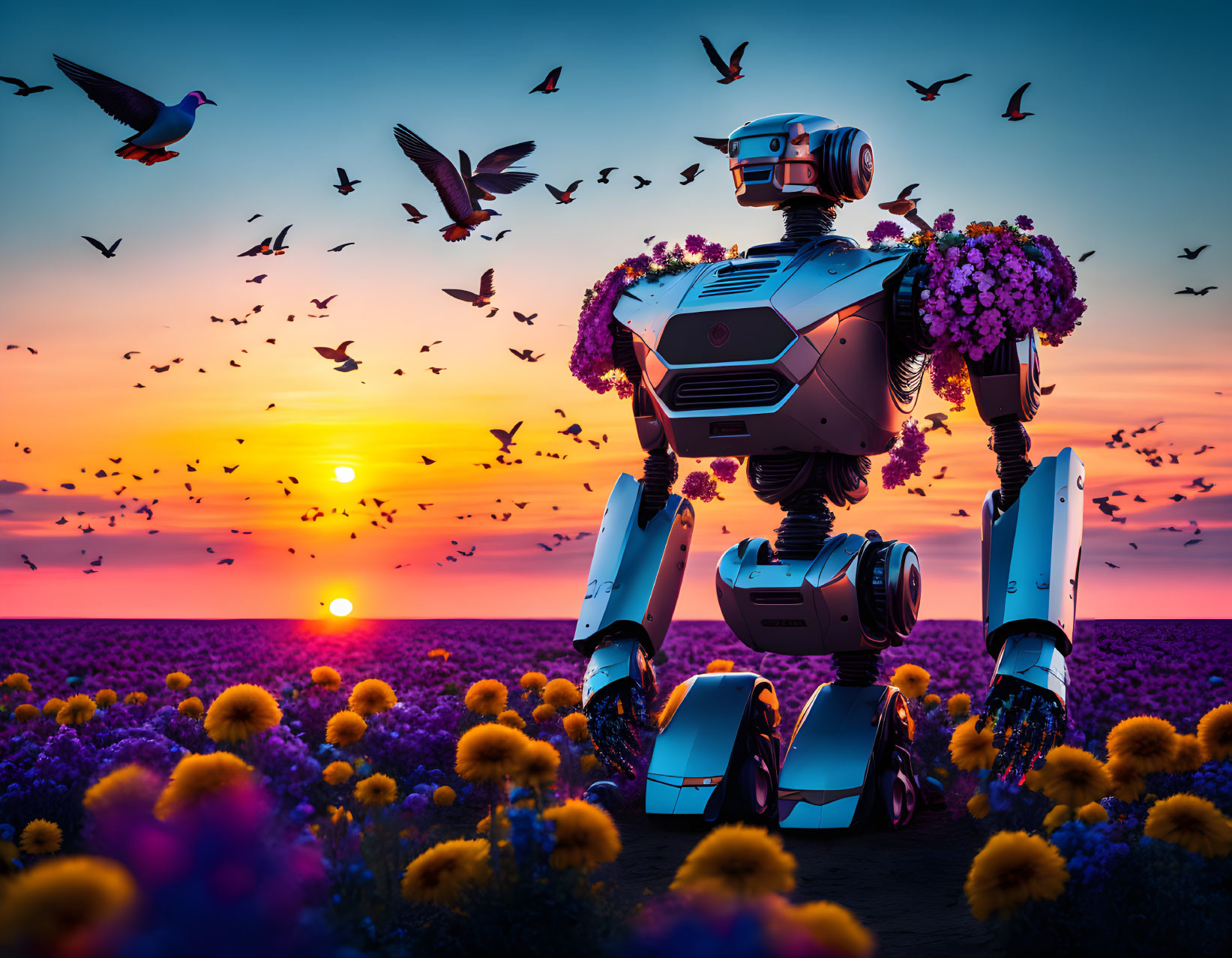 Robot adorned with flowers in purple flower field at sunset surrounded by birds in orange sky