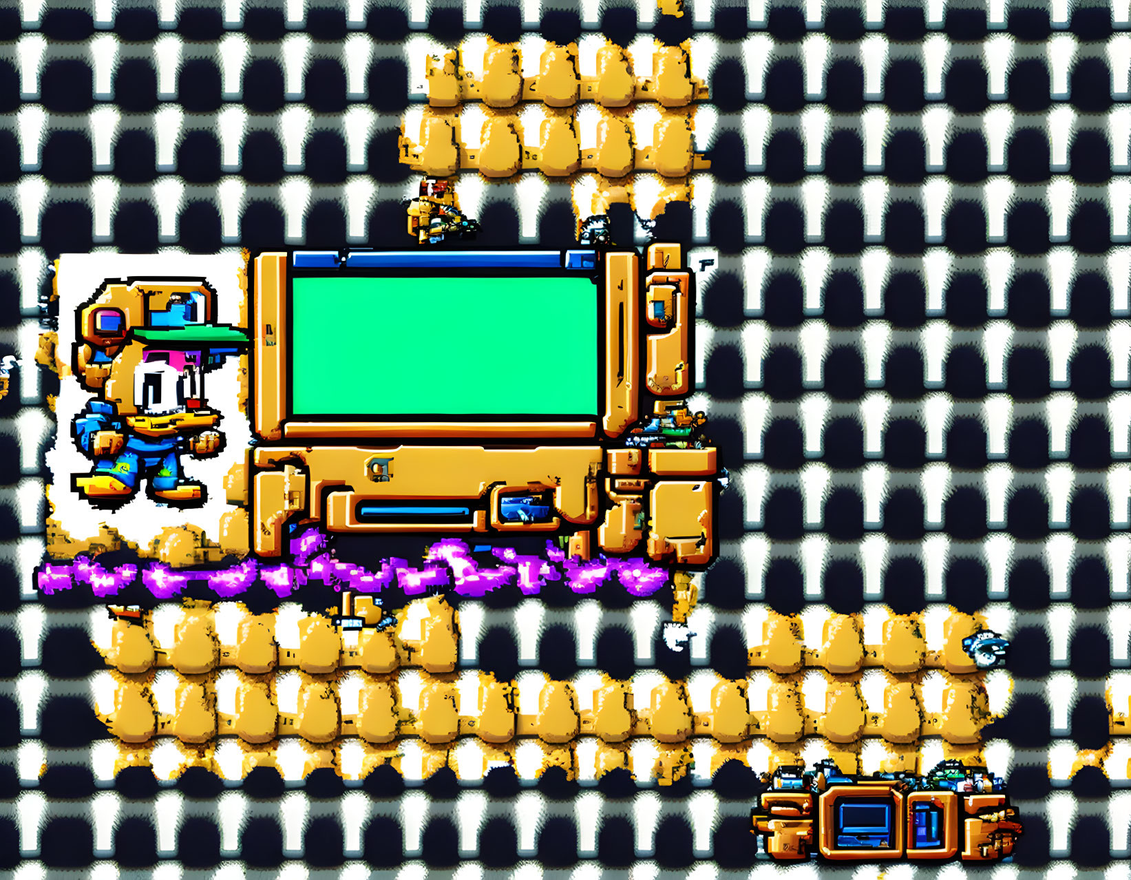 Pixel Art of Blue Character with Golden Computer on Checkered Background