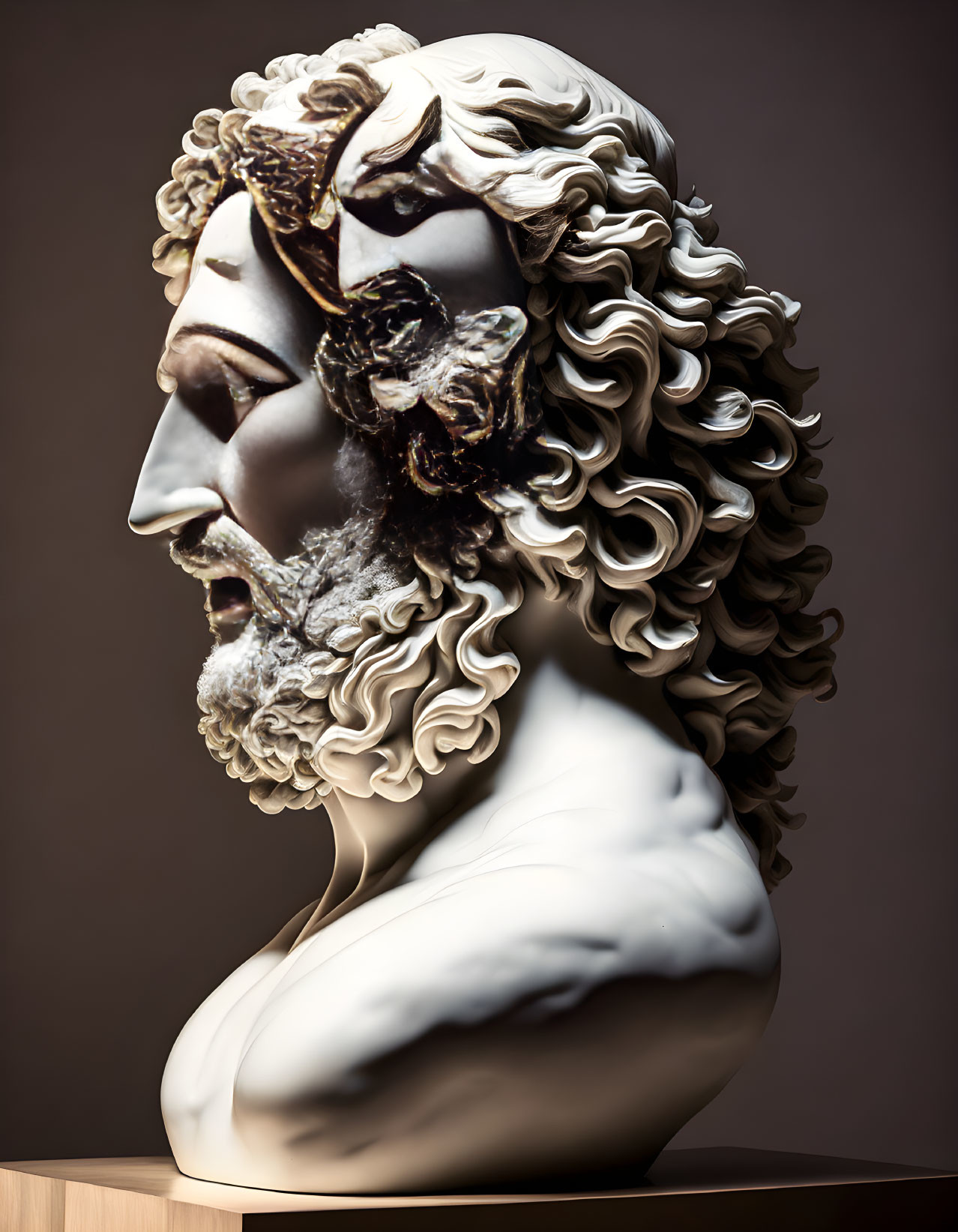 Intricately textured bearded figure bust on neutral backdrop