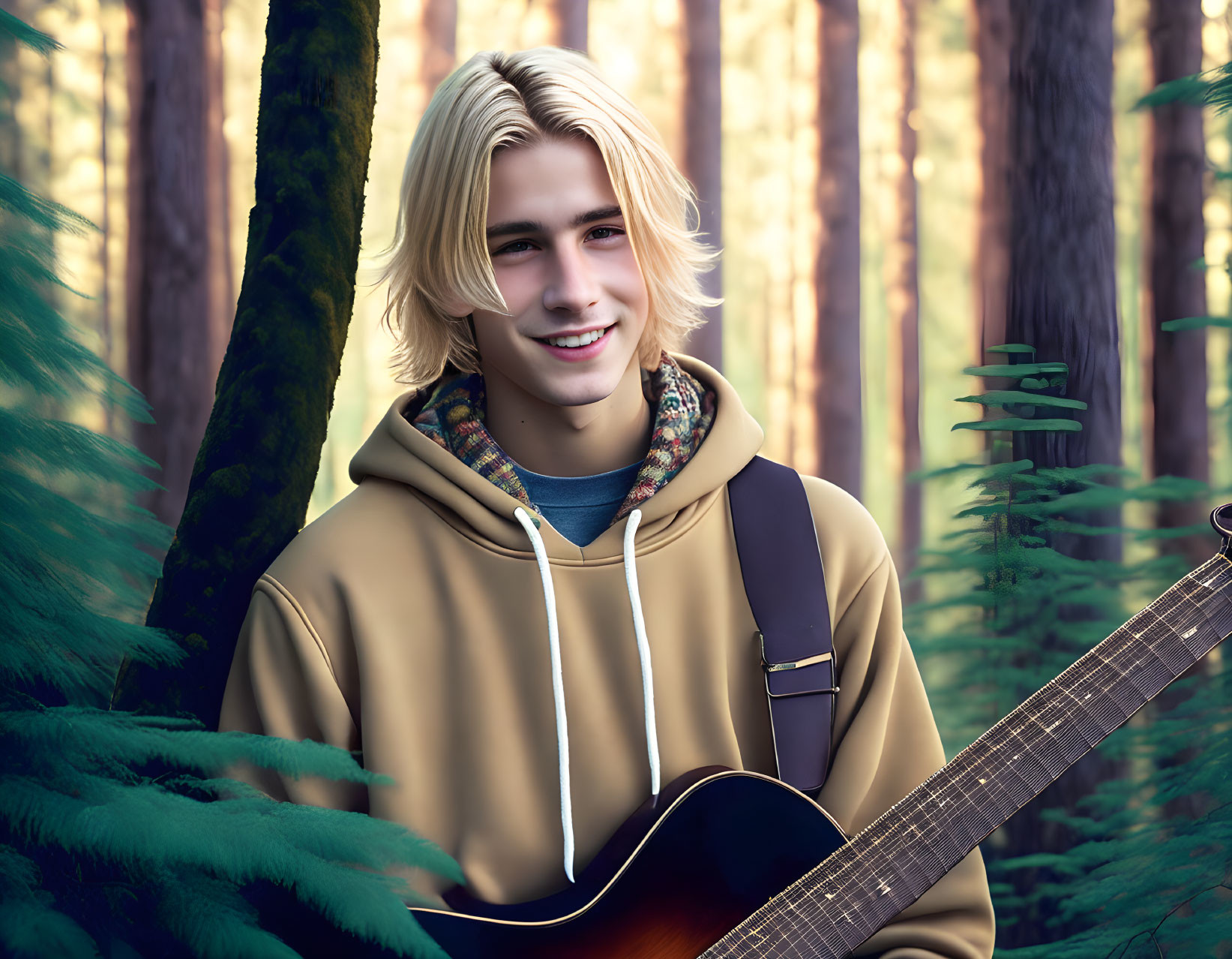 Blond Young Person with Acoustic Guitar in Forest