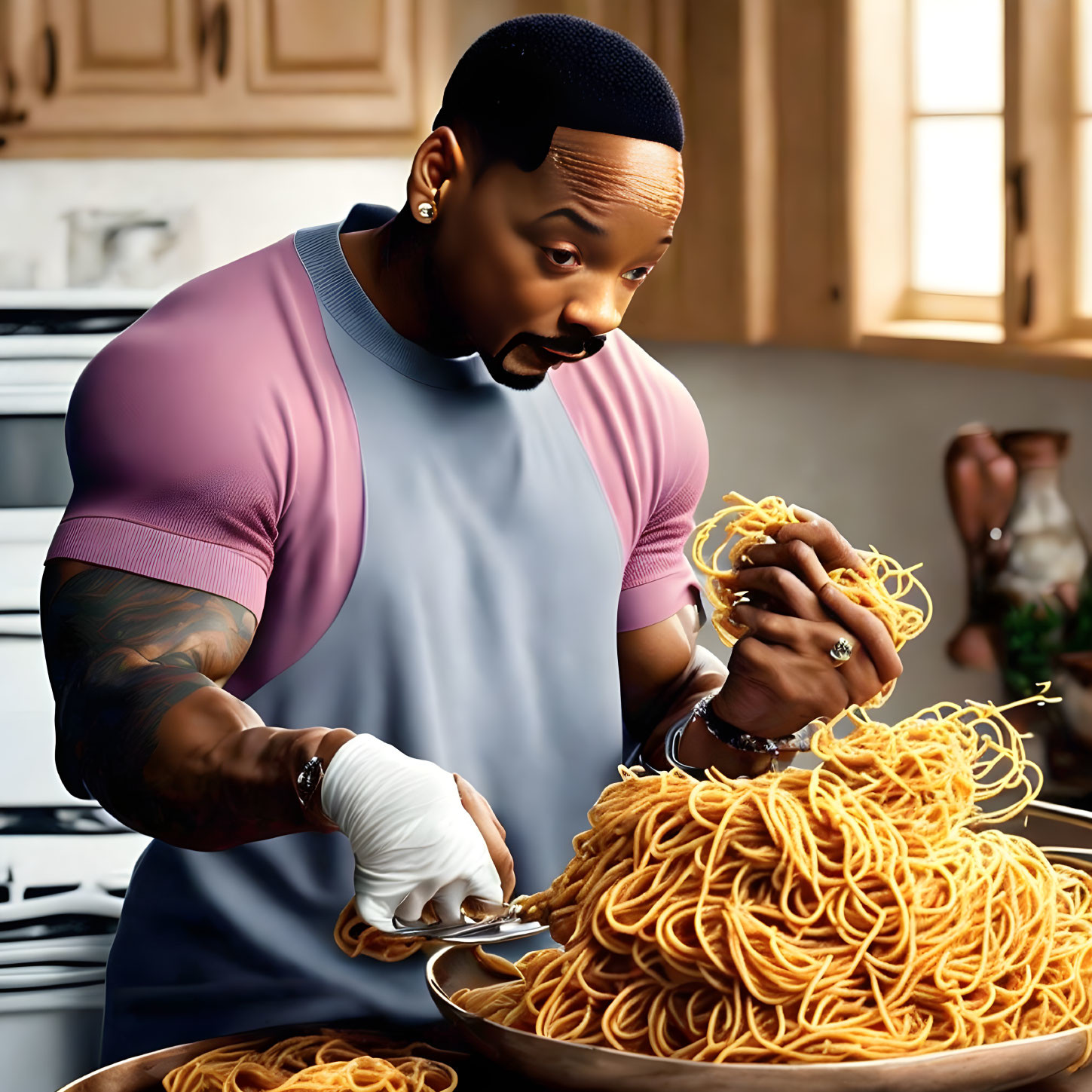 Muscular man in gloves serving spaghetti in animated kitchen