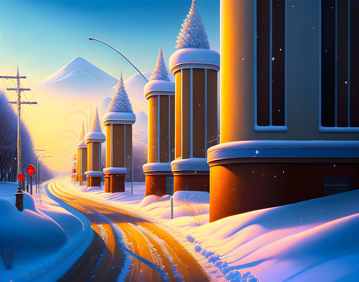 Snowy Twilight Street Scene with Streetlamp Lights and Mountain Backdrop