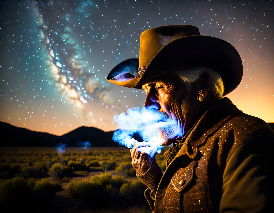 Silver-Haired Cowboy in Hat Exhales Smoke Under Starry Night Sky