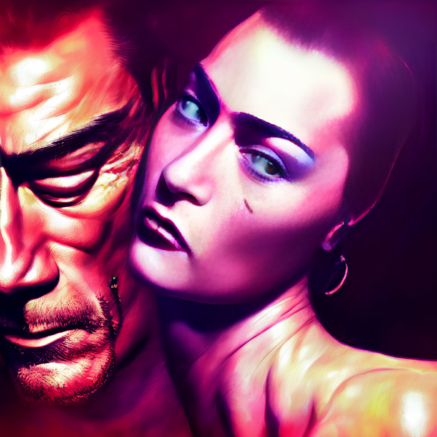 Intense digital artwork of man and woman's faces in warm tones