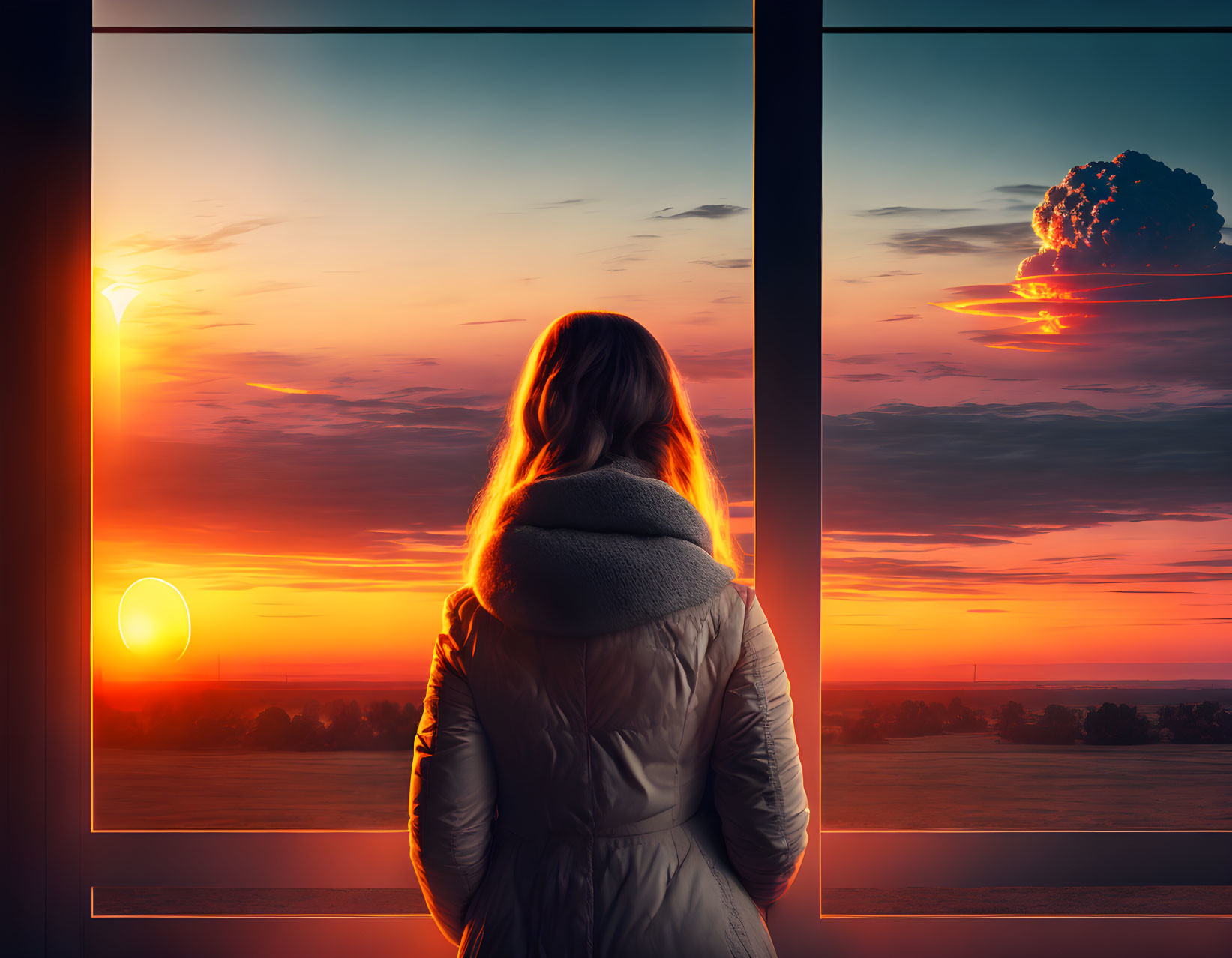 Person in Winter Coat Watching Surreal Sunset with Fiery Cloud