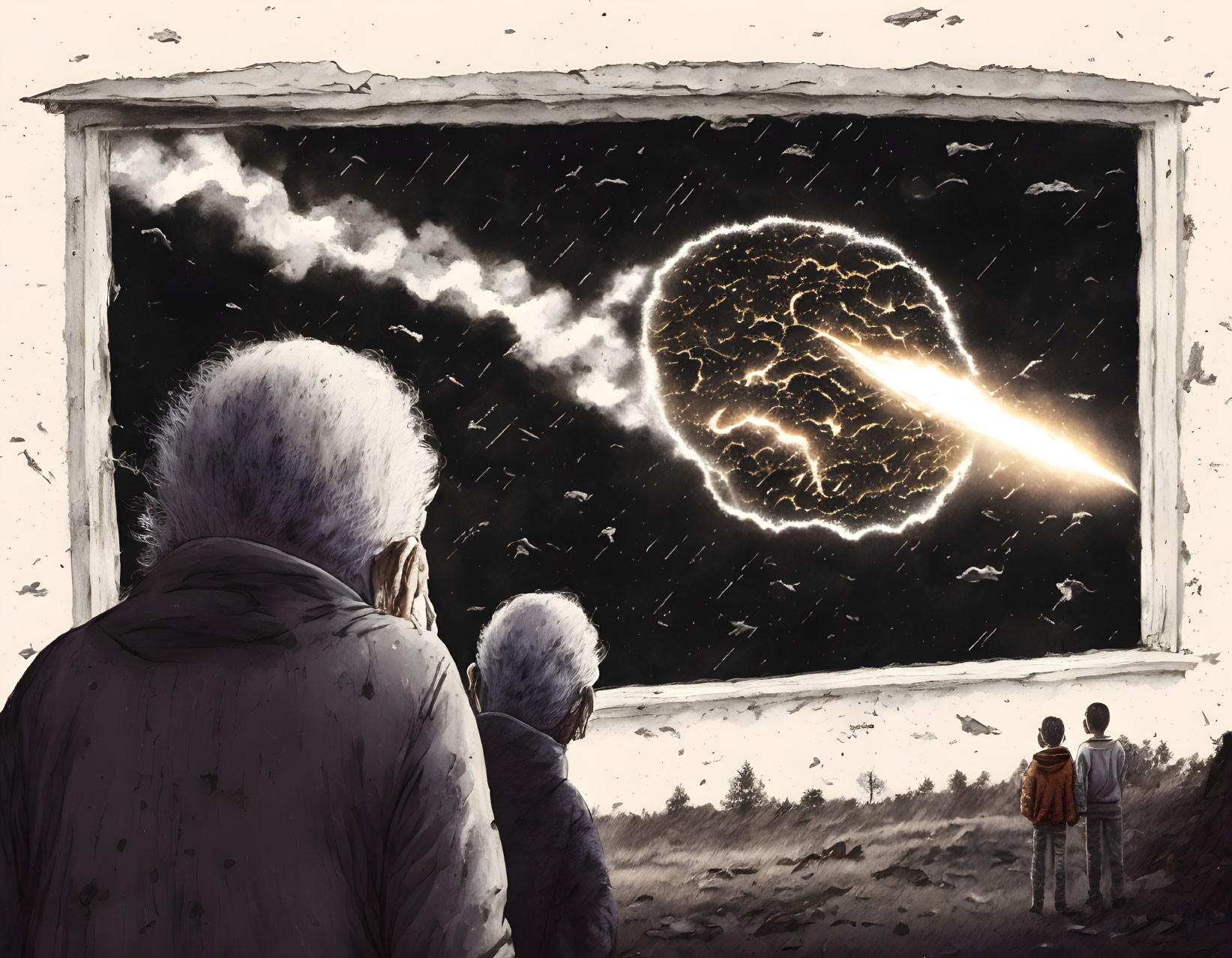 Elderly person and child watch fiery meteor with figure in distance