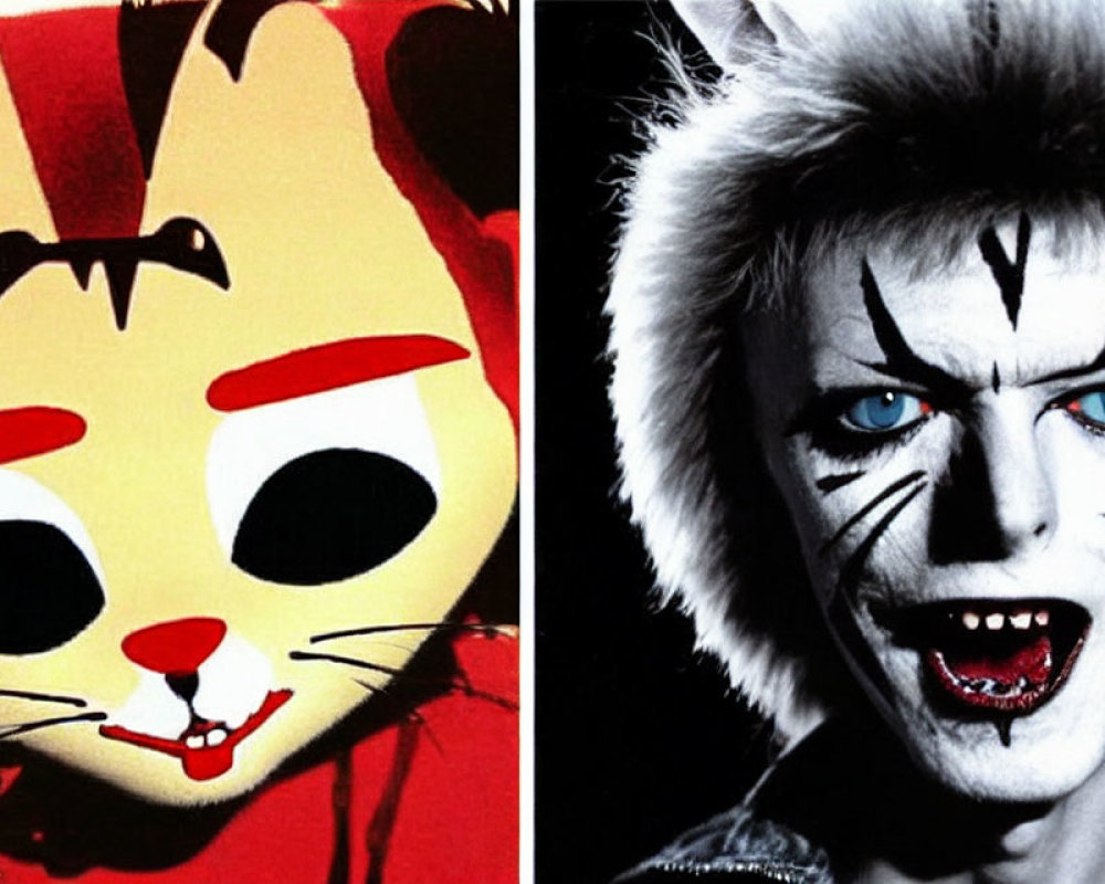 Contrasting cartoon cat and tiger-inspired makeup side by side