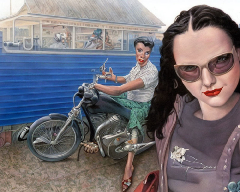 Stylized painting of two women in retro fashion near a diner