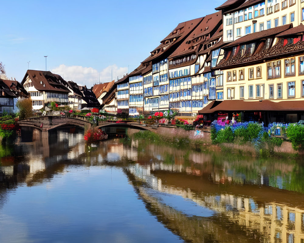 Tranquil river with timber-framed buildings and colorful flowers