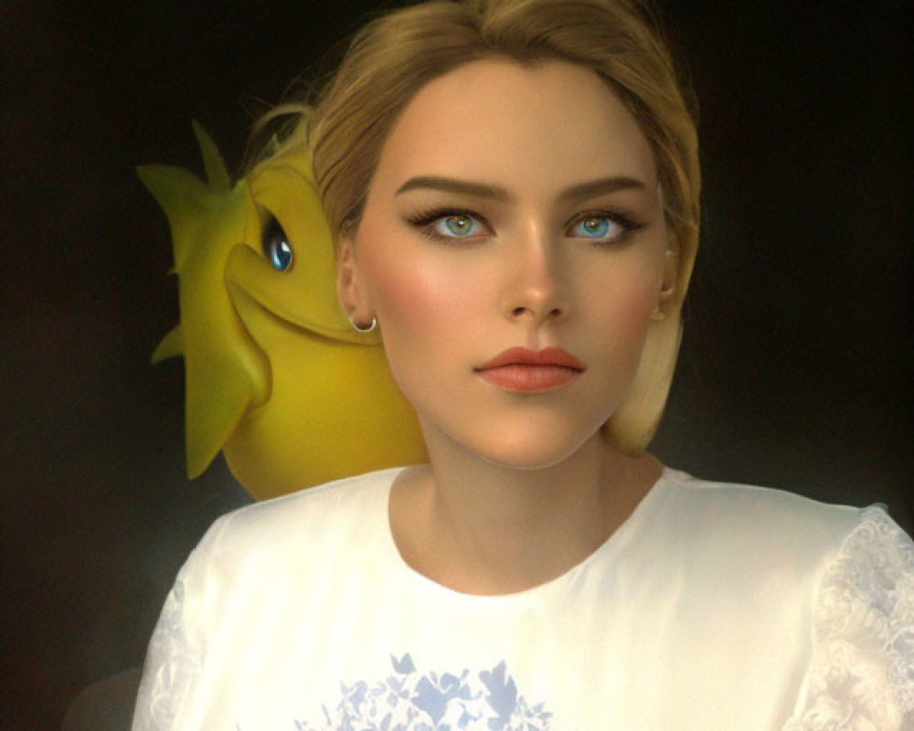 Blonde woman with blue eyes in white tee with floral design and yellow fish peeking.