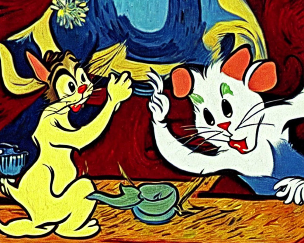 Vibrant cat and mouse sharing a drink on wooden table with blue backdrop