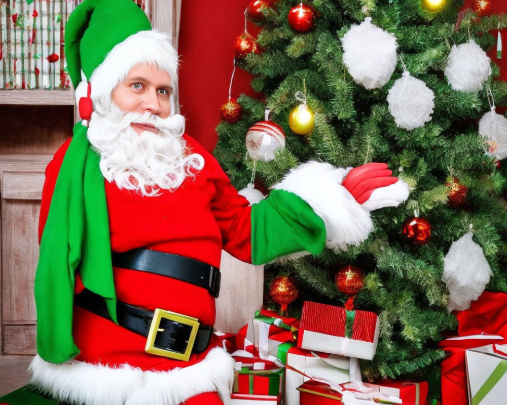 Santa Claus decorating Christmas tree with presents