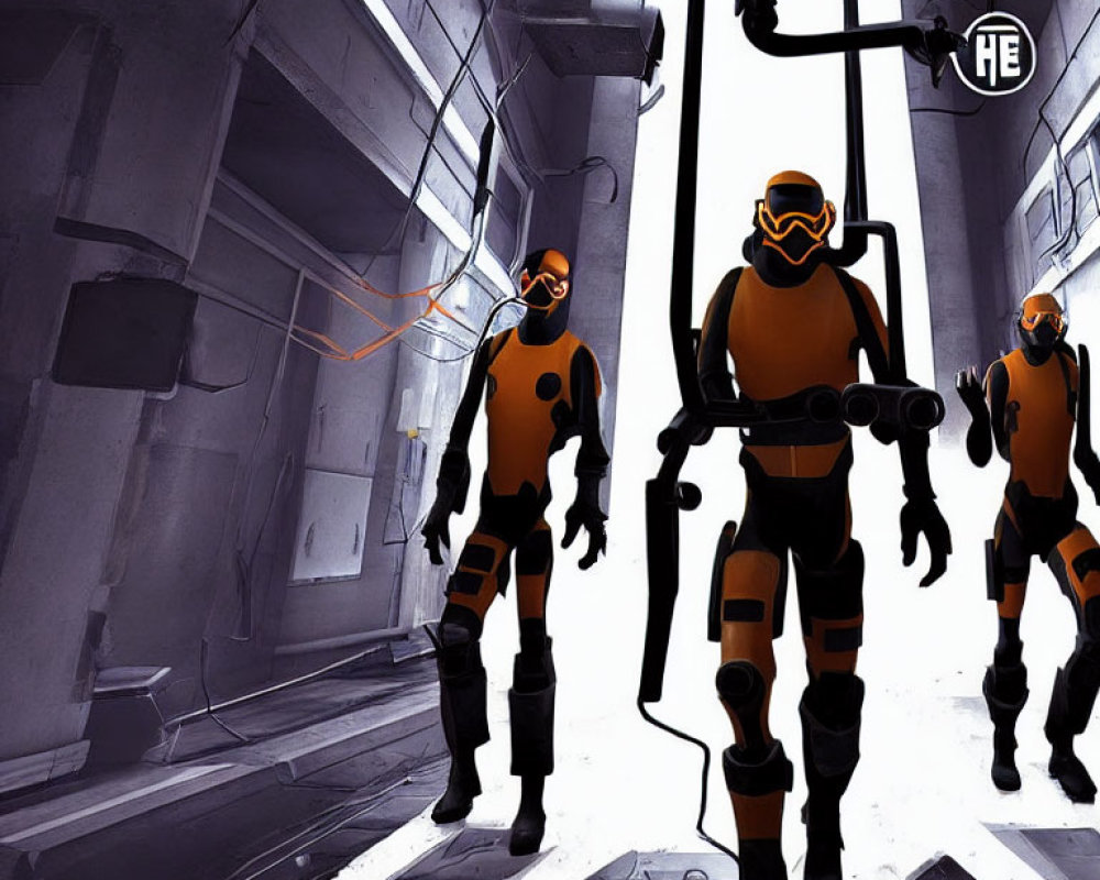 Futuristic soldiers in orange and black suits in dimly lit spaceship corridor