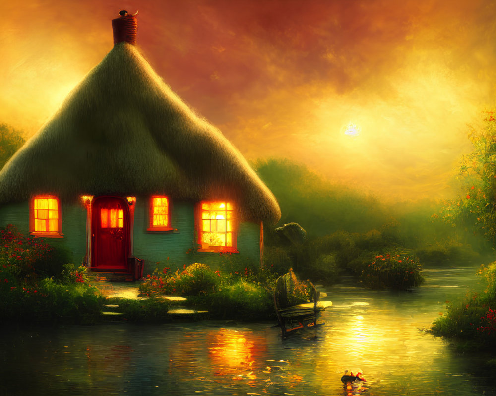 Quaint Thatched Cottage Sunset Scene with River and Rowboat